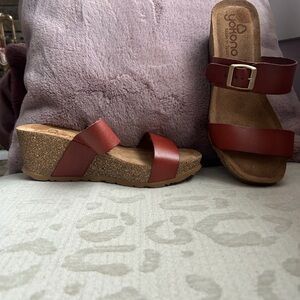 Yokono Carmel Rust Leather Platform Sandals with Cork Wedge Size 7.5